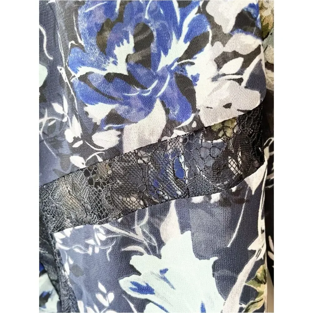 Astr Navy Floral Sheer Blouse with Lace Accents Size XS EUC